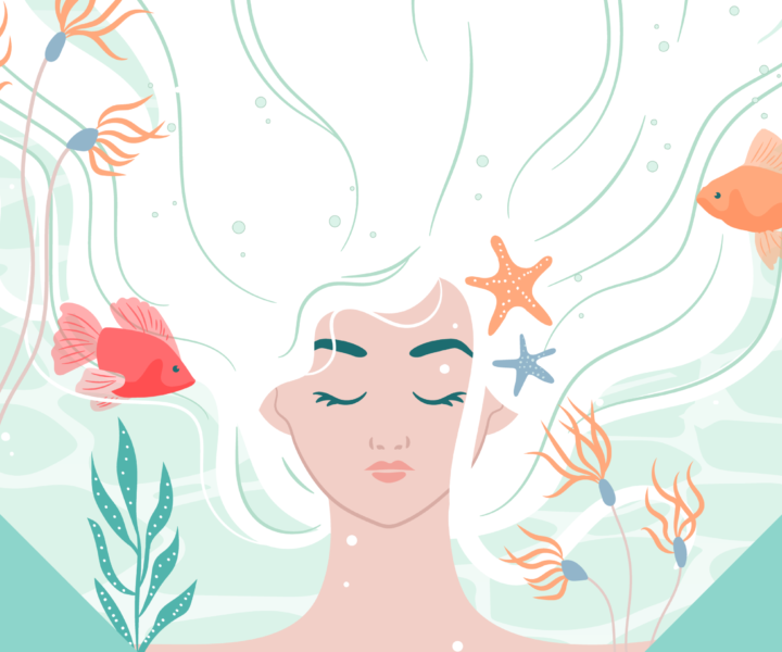 Illustration of a woman underwater in the sea